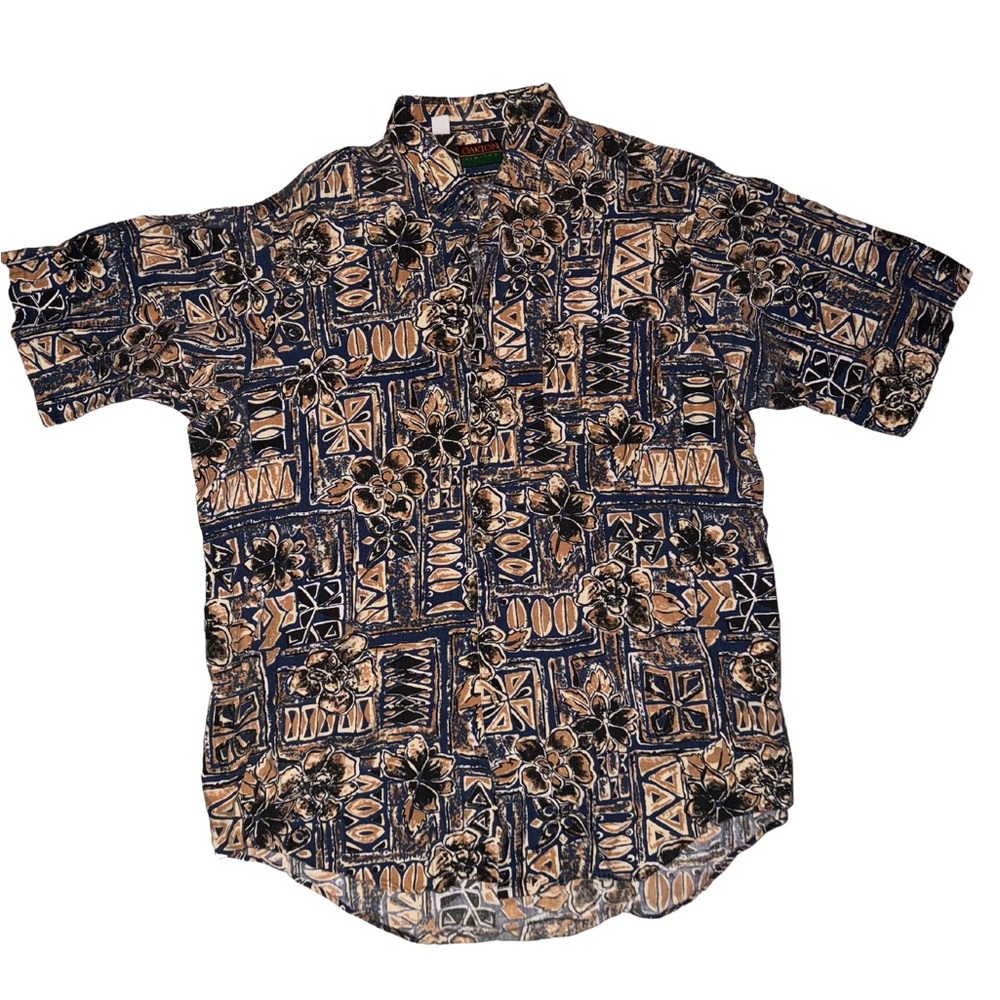 Oakton Limited 2XL Tall Vintage navy gold tan and black Hawaiian print button up